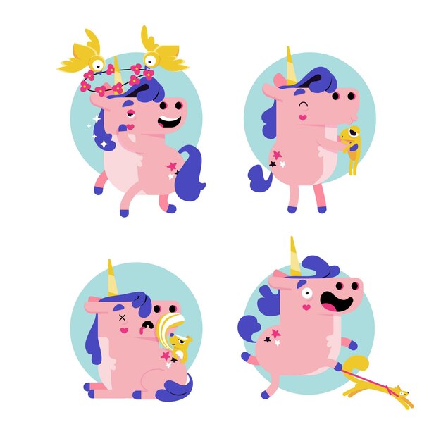 Colección de pegatinas de unicornio de dibujos animados retro