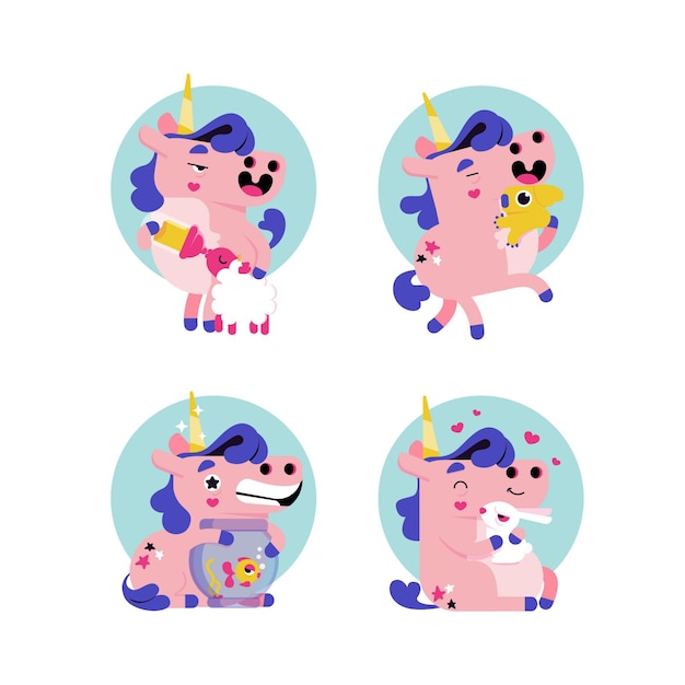 Colección de pegatinas de unicornio de dibujos animados retro