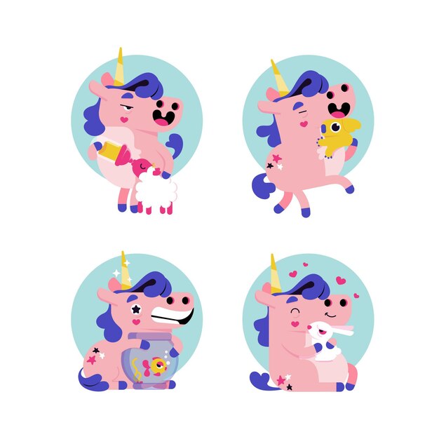 Colección de pegatinas de unicornio de dibujos animados retro