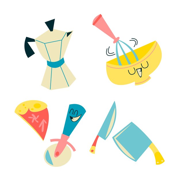 Colección de pegatinas de utensilios de cocina de dibujos animados retro