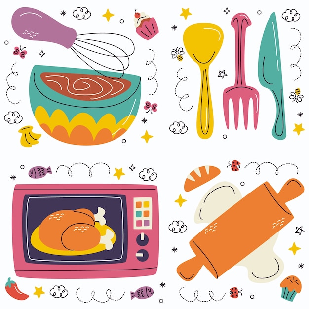 Vector gratuito colección de pegatinas de utensilios de cocina de doodle
