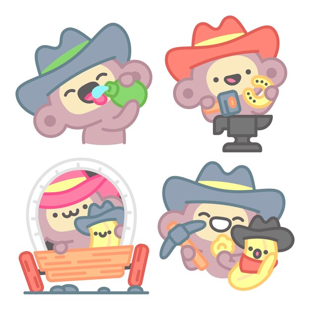 Colección de pegatinas de vaqueros con mono y plátano.