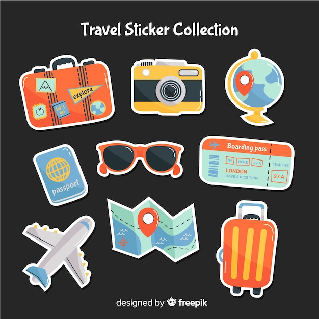 Colección de pegatinas de viaje dibujadas a mano