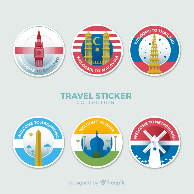 Vector gratuito colección de pegatinas de viaje en diseño plano