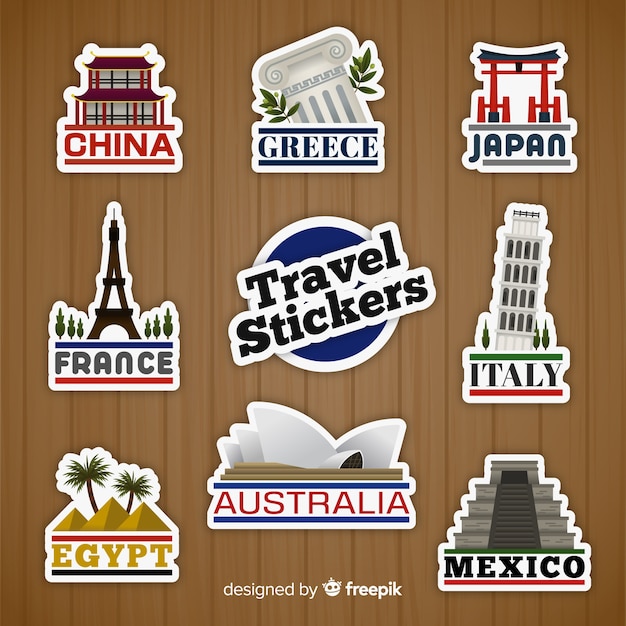 Vector gratuito colección de pegatinas de viaje en diseño plano