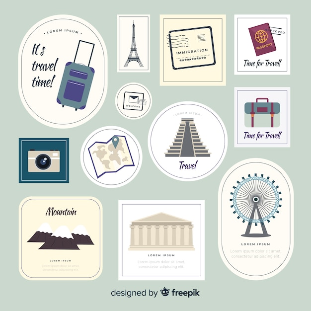 Colección de pegatinas de viaje en diseño plano