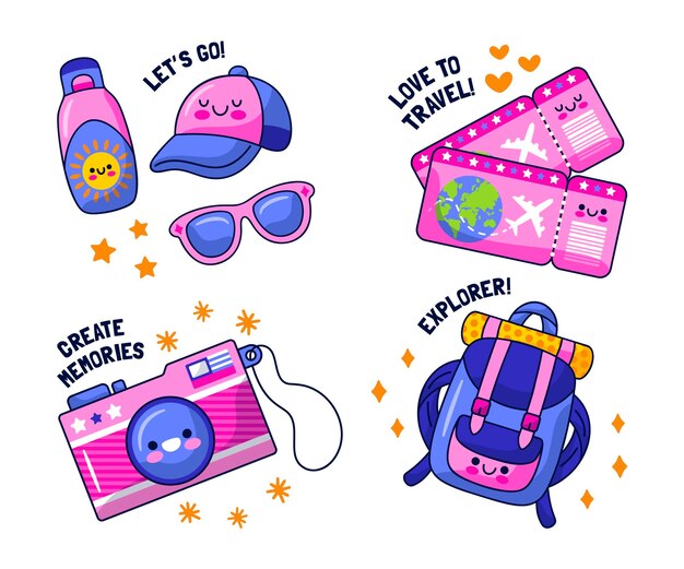 Colección de pegatinas de viaje de diseño plano.