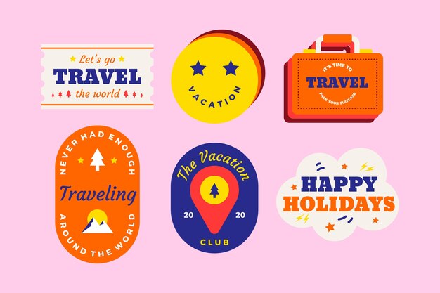 Colección de pegatinas de viaje estilo años 70