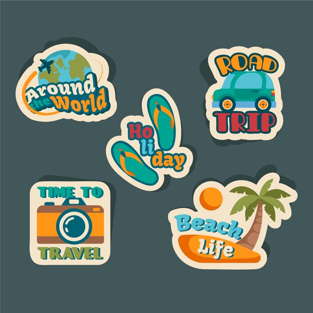 Colección de pegatinas de viaje estilo años 70