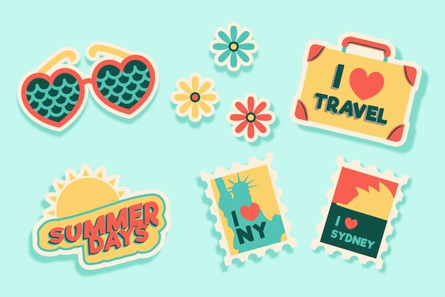 Colección de pegatinas de viaje / vacaciones en estilo años 70