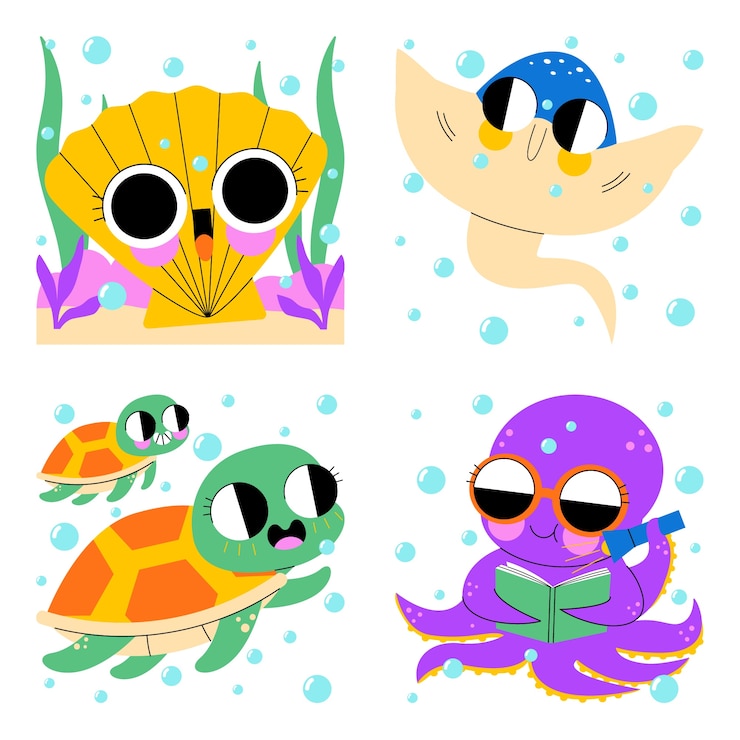 Vector gratuito colección de pegatinas de vida marina esmaltadas
