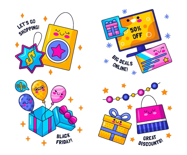 Vector gratuito colección de pegatinas de viernes negro estilo kawaii