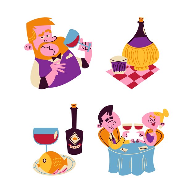 Colección de pegatinas de vino de dibujos animados retro.