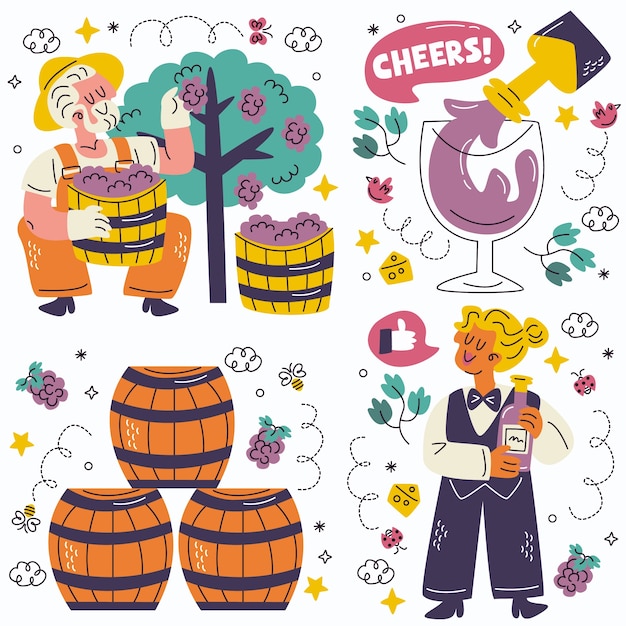 Vector gratuito colección de pegatinas de vino de doodle.