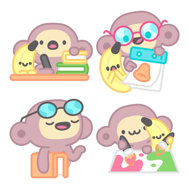 Colección de pegatinas de vuelta al cole con mono y plátano