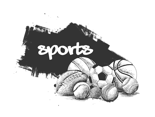 Colección de pelotas Póster pelotas deportivas Fondo de vector de boceto dibujado a mano