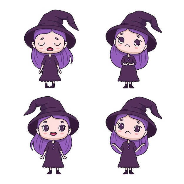 Colección de pequeños personajes de brujas de dibujos animados que expresan diferentes emociones