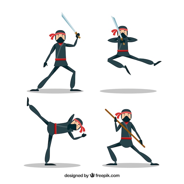 Vector gratuito colección de personaje de ninja dibujado a mano