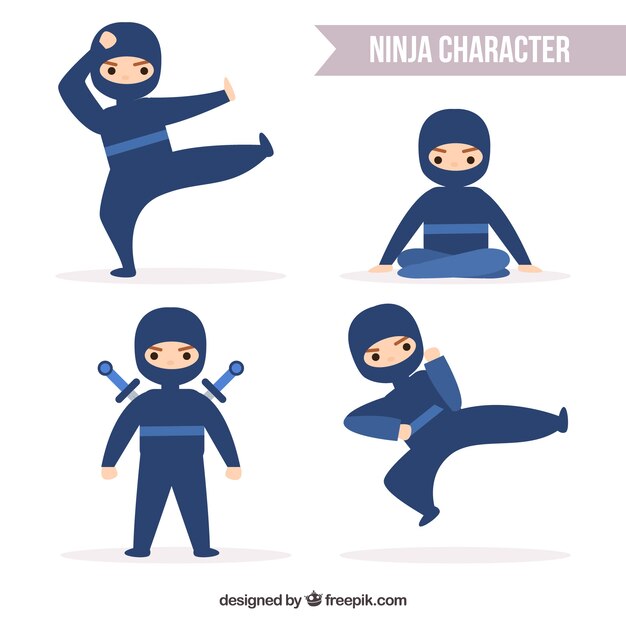 Colección de personaje de ninja con diseño plano en distintas posturas