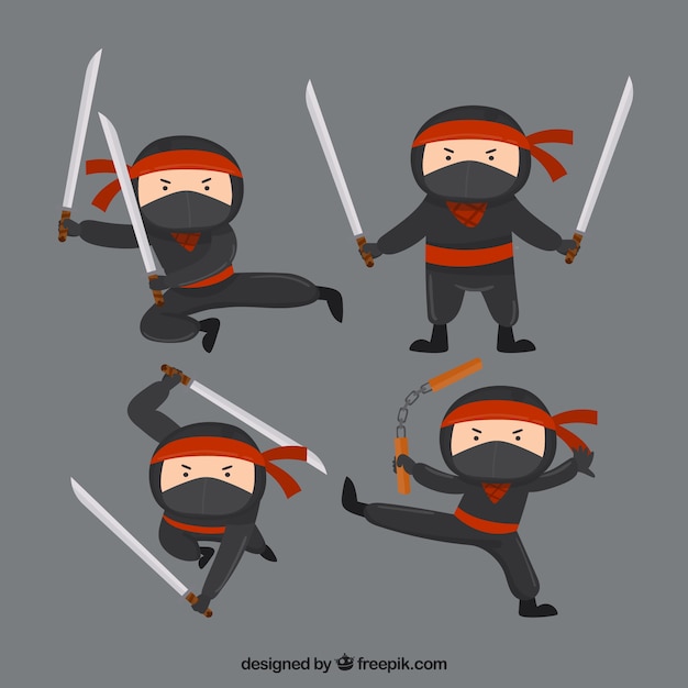 Colección de personaje de ninja con diseño plano en distintas posturas