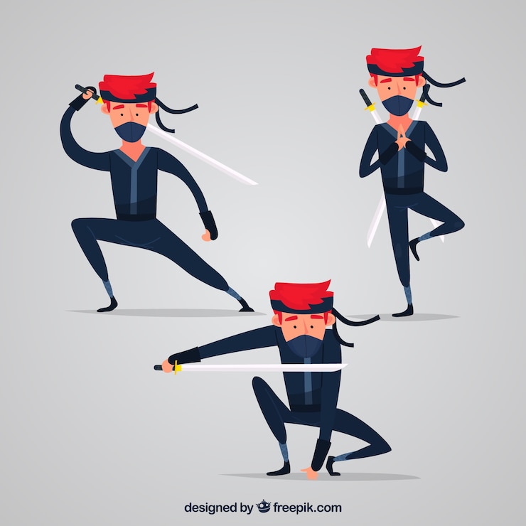 Vector gratuito colección de personaje de ninja con diseño plano en distintas posturas