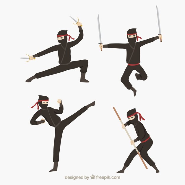 Colección de personaje de ninja con diseño plano en distintas posturas