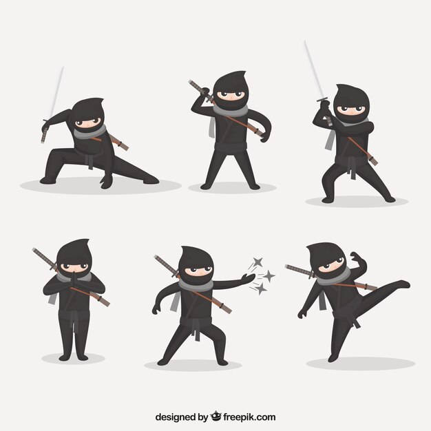 Colección de personaje de ninja con diseño plano en distintas posturas
