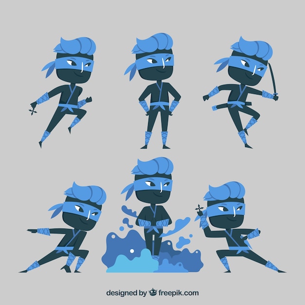 Vector gratuito colección de personaje de ninja con diseño plano en distintas posturas