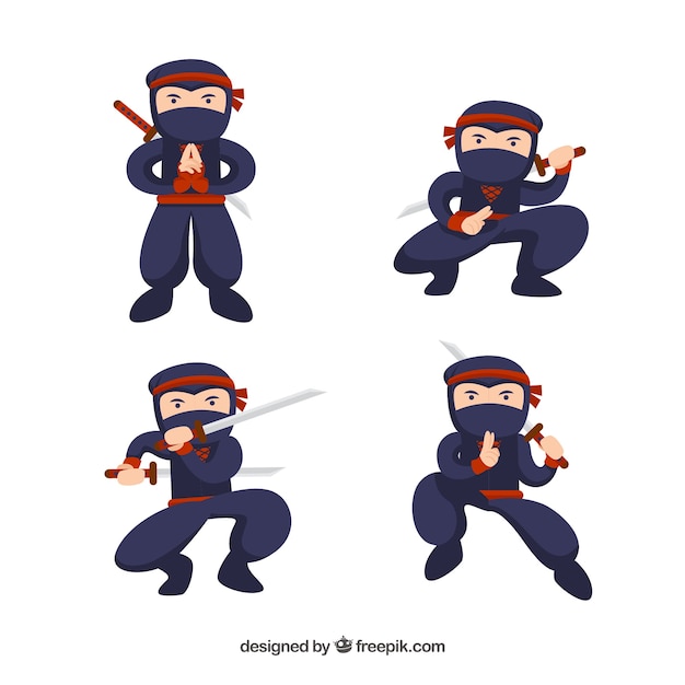 Vector gratuito colección de personaje de ninja en posturas diferentes