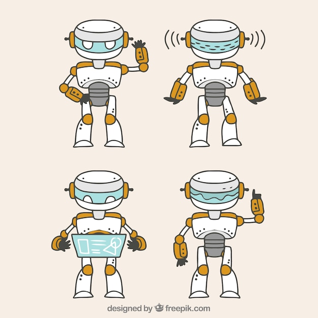 Vector gratuito colección personaje de robot dibujado a mano con diferentes poses