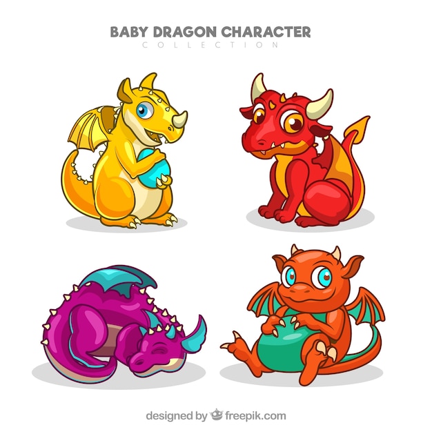 Colección de personajes de bebé de dragón dibujados a mano