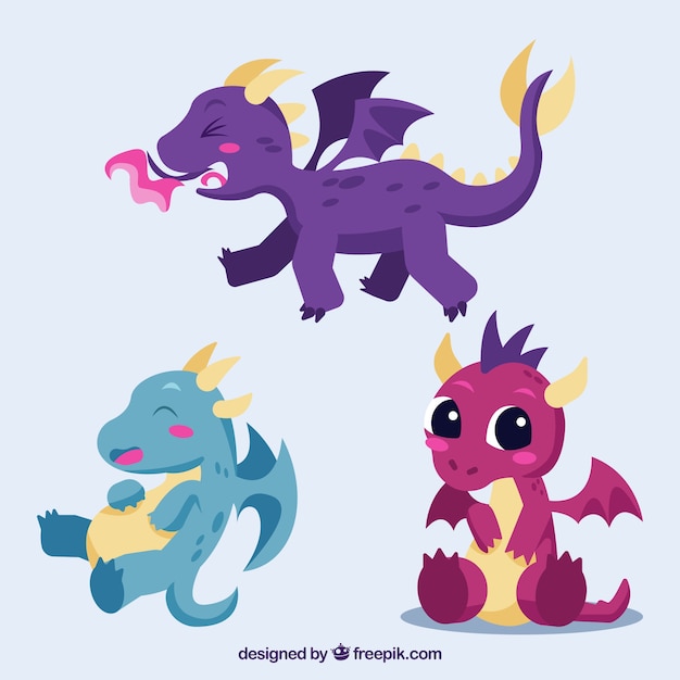 Colección de personajes de bebé de dragón con diseño plano