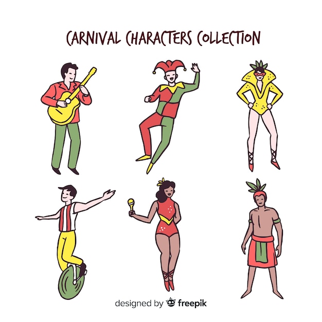 Vector gratuito colección personajes carnaval dibujados a mano