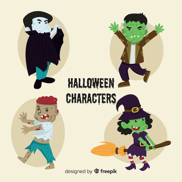 Colección de personajes clásicos de halloween con diseño plano