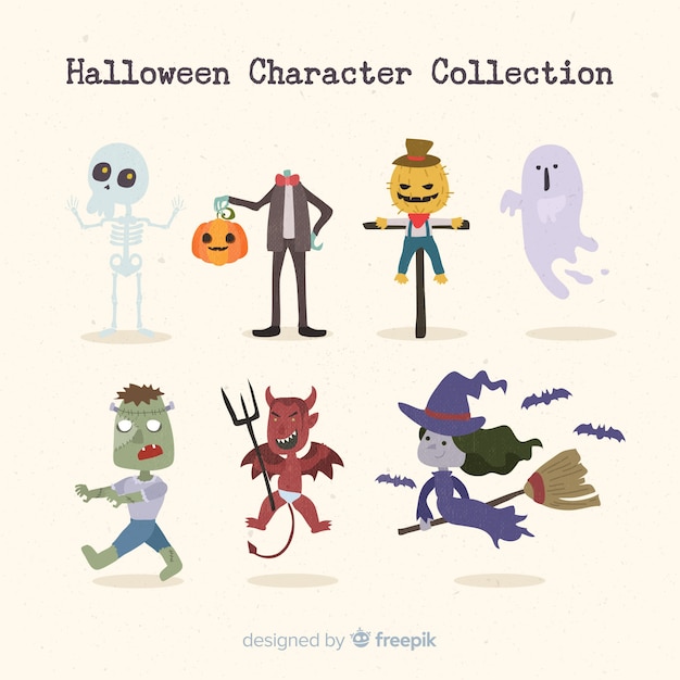 Colección de personajes clásicos de halloween con diseño plano