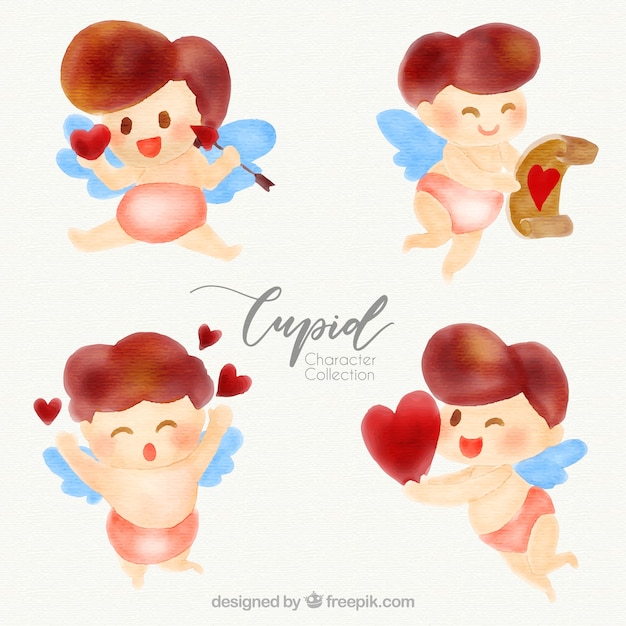 Colección de personajes de cupido en acuarela