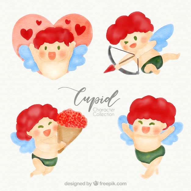 Colección de personajes de cupido en acuarela