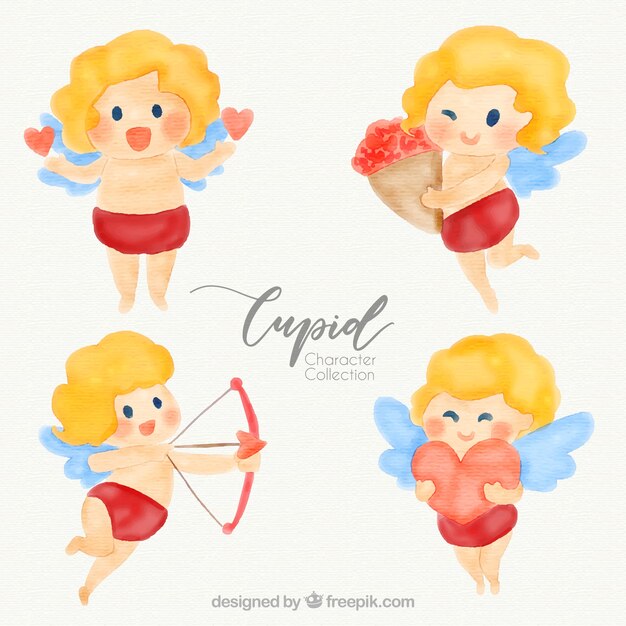 Colección de personajes de cupido en acuarela