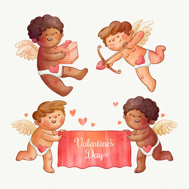 Colección de personajes de cupido del día de san valentín en acuarela