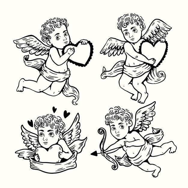 Colección de personajes de Cupido dibujados a mano
