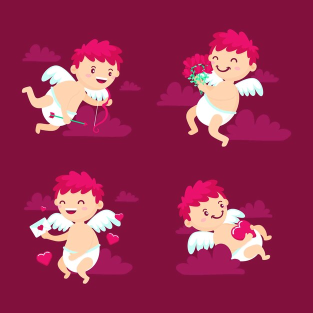 Colección de personajes de Cupido en diseño plano