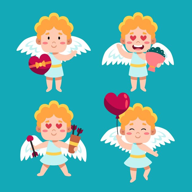 Colección de personajes de Cupido en diseño plano