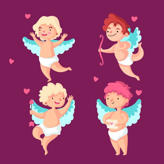 Colección de personajes de Cupido en estilo de diseño plano