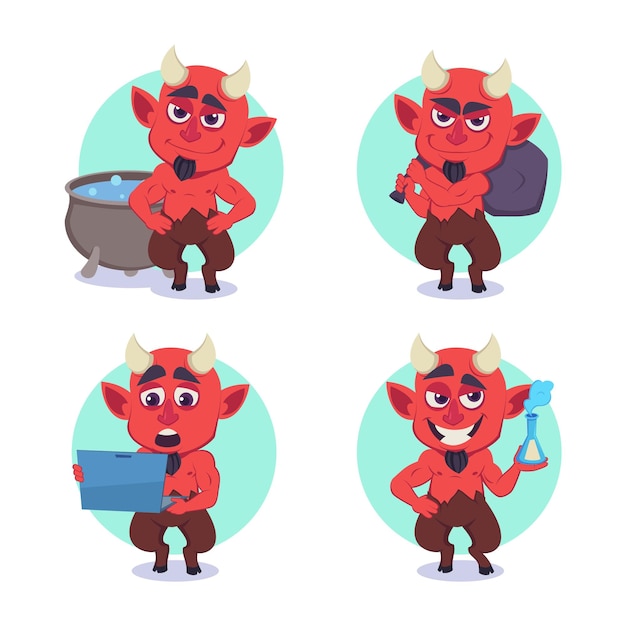 Colección de personajes del diablo de dibujos animados trabajando en una computadora portátil, llevando una bolsa en el hombro, haciendo pociones