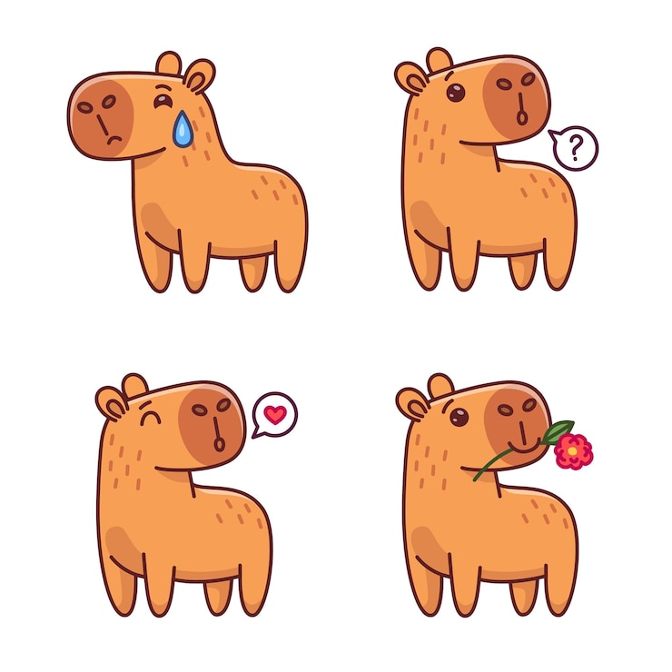 Vector gratuito colección de personajes de dibujos animados capibara que tienen preguntas, lloran, reciben flores, envían besos al aire