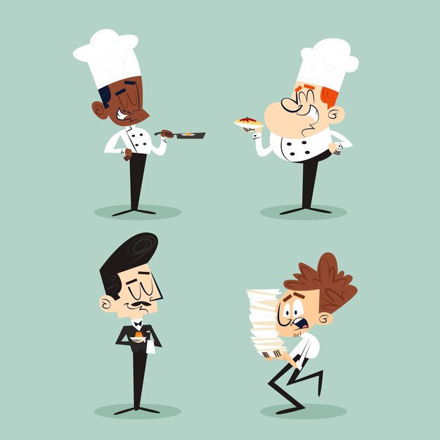 Colección de personajes de dibujos animados retro dibujados a mano con chefs