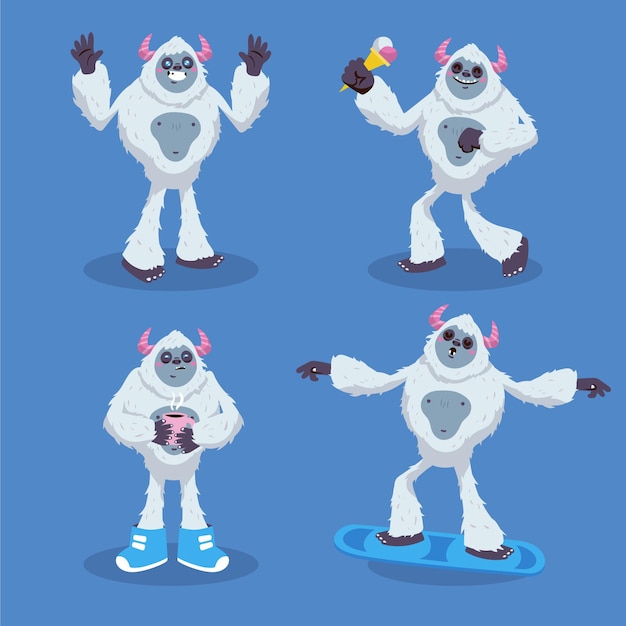 Vector gratuito colección de personajes de dibujos animados yeti abominable muñeco de nieve