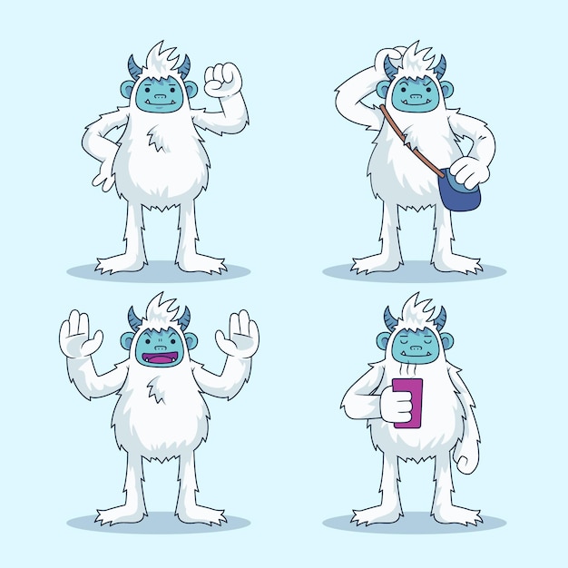 Vector gratuito colección de personajes de dibujos animados yeti abominable muñeco de nieve