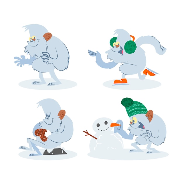 Vector gratuito colección de personajes de dibujos animados yeti abominable muñeco de nieve