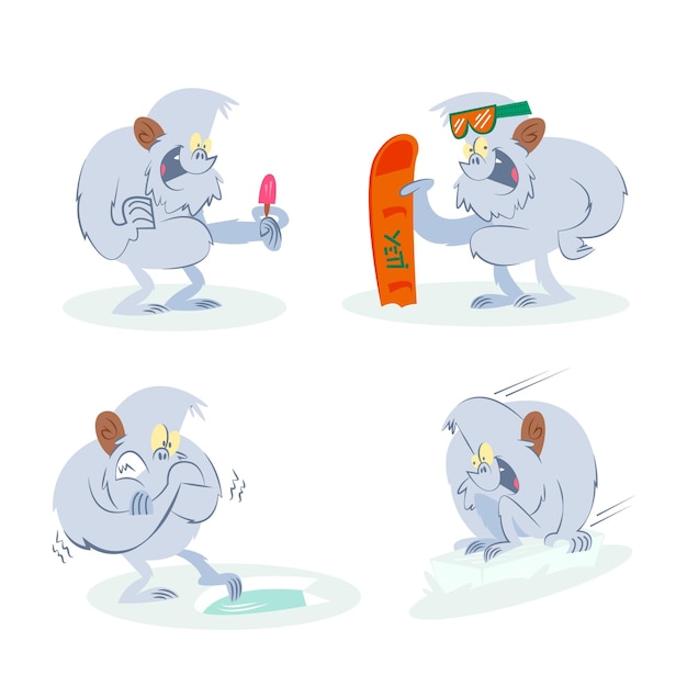 Vector gratuito colección de personajes de dibujos animados yeti abominable muñeco de nieve